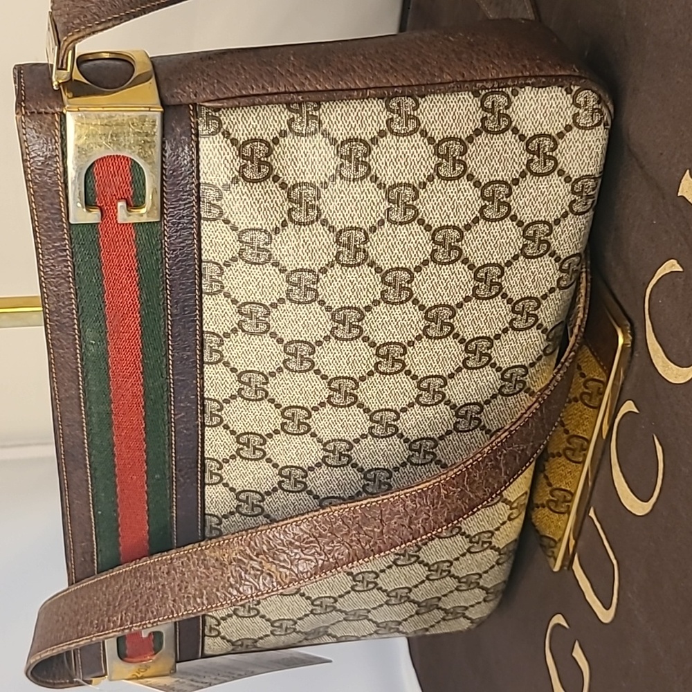 GUCCI VINTAGE 1970'S WEB SHERRY LINE COATED CANVAS/LEATHER SHOULDER BAG- RARE - Picture 6 of 17